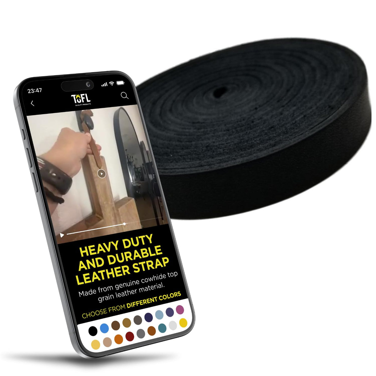 TOFL Black Leather Strap With Matching Stitching 72" Long 1/2" Wide ⅛" Thick