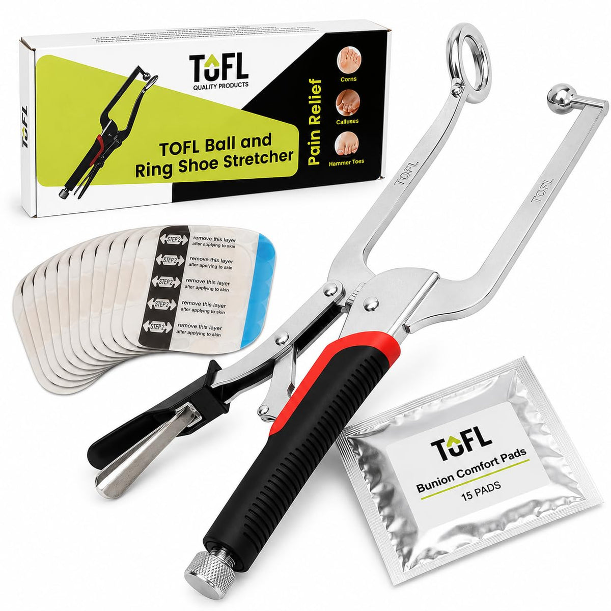 TOFL Ball & Ring Shoe Stretcher + 15 Bunion Comfort Pads Bundle