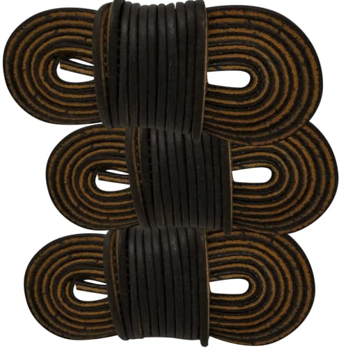TOFL Logger Style 3 Leather Boot Laces | 54 Inches Long | 3 Strips | 1 Pair & 1 Spare Dark Brown with Stripe Laces